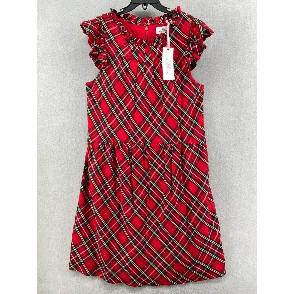 NWT Vineyard Vines Dress Girls Sz 4 Red Tartan Plaid Ruffle Cap Sleeve Midi